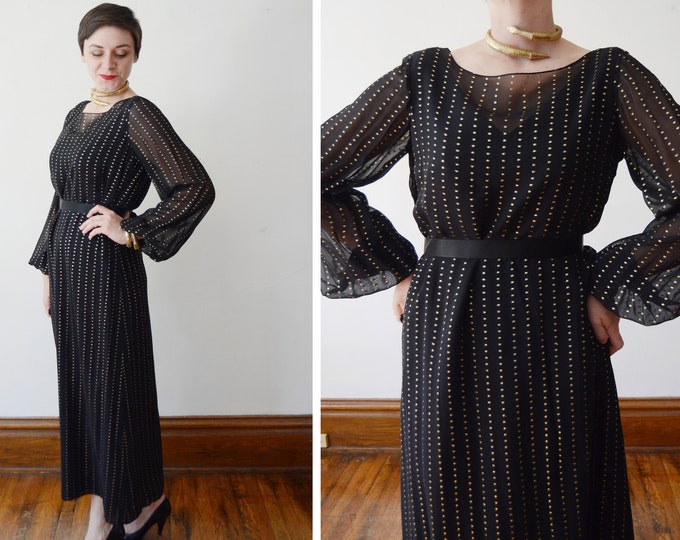 1970s Black and Gold Disco Dress with Bell Sleeves by Sophy Curson - M