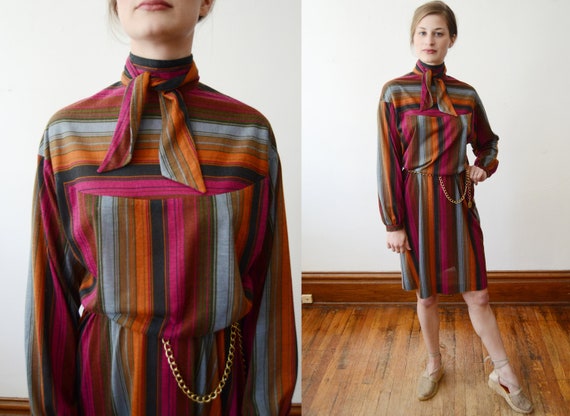 1970s Striped Turtleneck Dress - S