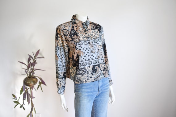 90s Paisley Grey and Beige Top - S/M