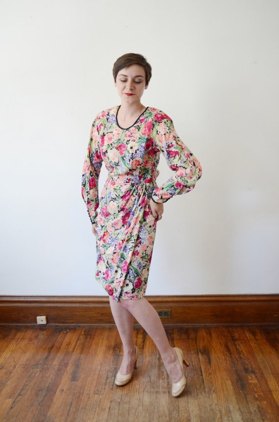 1980s Silk Floral Dress - M - image 4