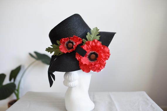50s/60s Black Sunhat With Cascading Poppies