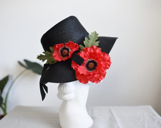 50s/60s Black Sunhat With Cascading Poppies