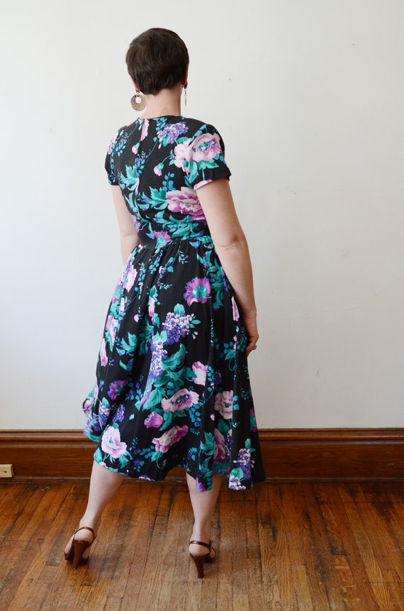 1980s Black Floral Jersey Dress - M - image 2