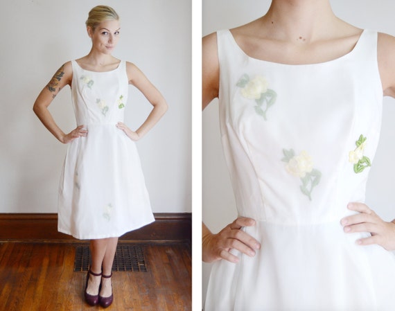 1960s White Floral Cocktail Dress - S