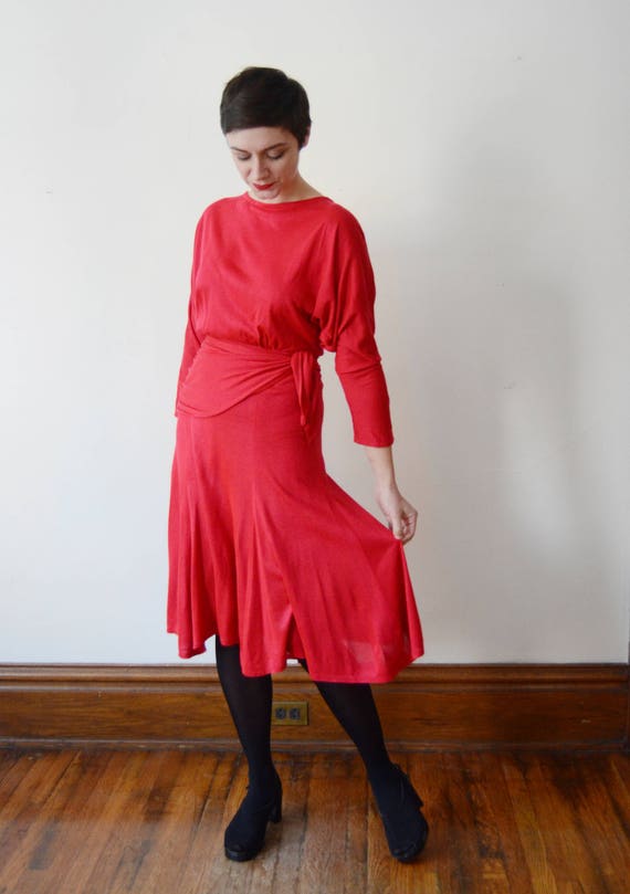 1980s Red Jersey Dress - M - image 6