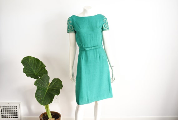 Green 1950s Fitted Dress with Soutache Sleeves - S