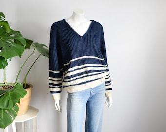 Sporty Striped 80s Sweater - L