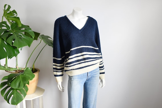 Sporty Striped 80s Sweater - L