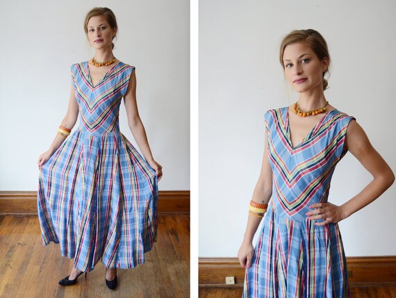 1940s Blue Plaid Midi Dress - XS