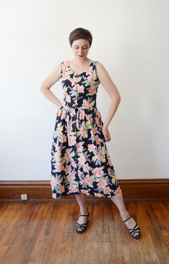 1980s Black Floral Cotton Sundress - S - image 3