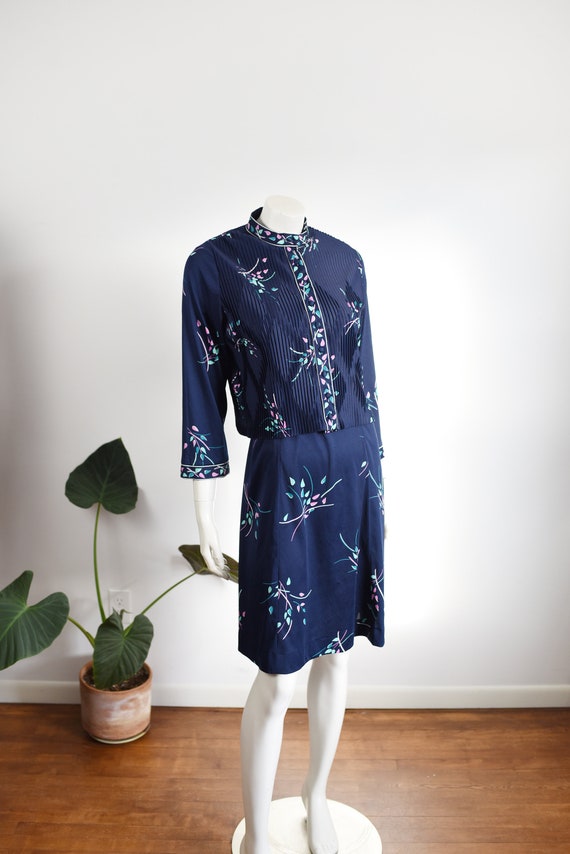 1970s Blue Floral Dress with Jacket - S