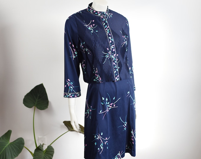 1970s Blue Floral Dress with Jacket - S