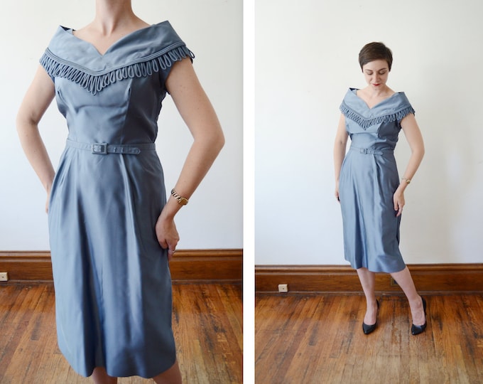 1950s Powder Blue Formal Dress with Train - M