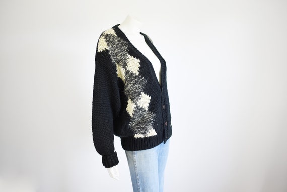 80s Diamond Pattern Black Cardigan - M/L - image 5