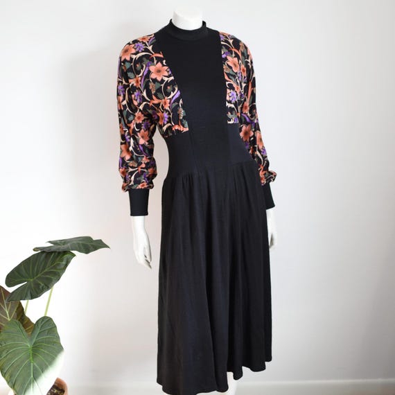 1980s Black Floral Jersey Dress - M