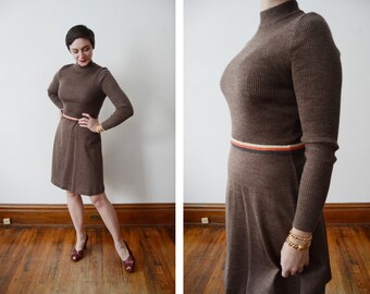 Early 1970s Brown Knit Sweater Dress - S/M