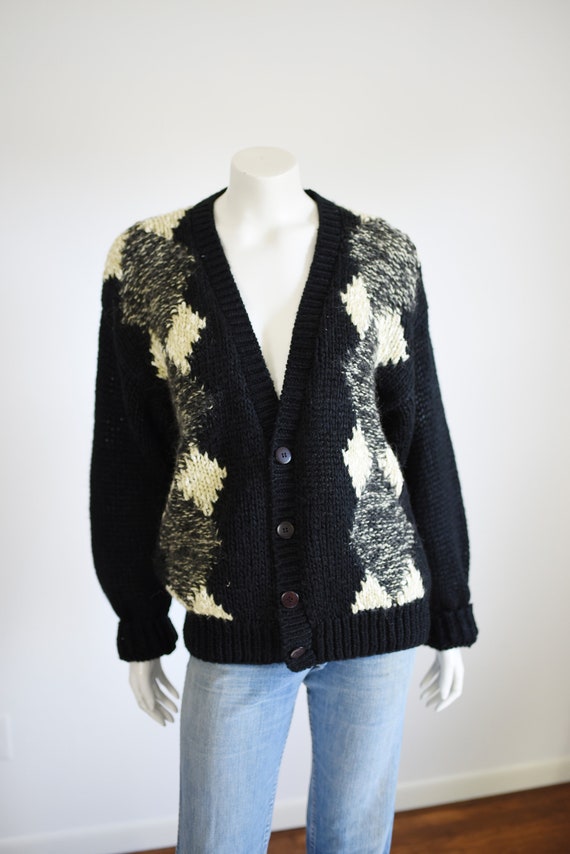 80s Diamond Pattern Black Cardigan - M/L - image 2