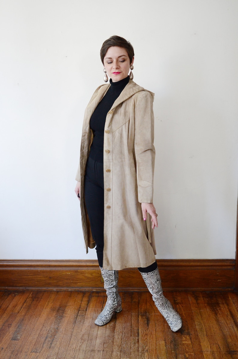 XSS 1970s Tan Leather Hooded Trench Coat