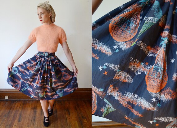 1950s Unicorn Novelty Skirt / Hot Air Balloon Nove