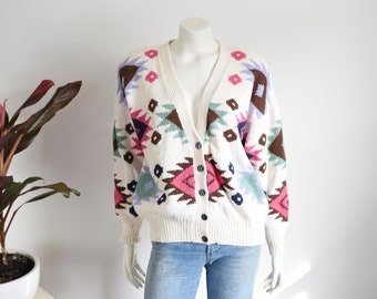 90s Cotton Patterned Cardigan - L