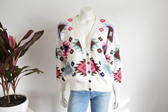90s Cotton Patterned Cardigan - L