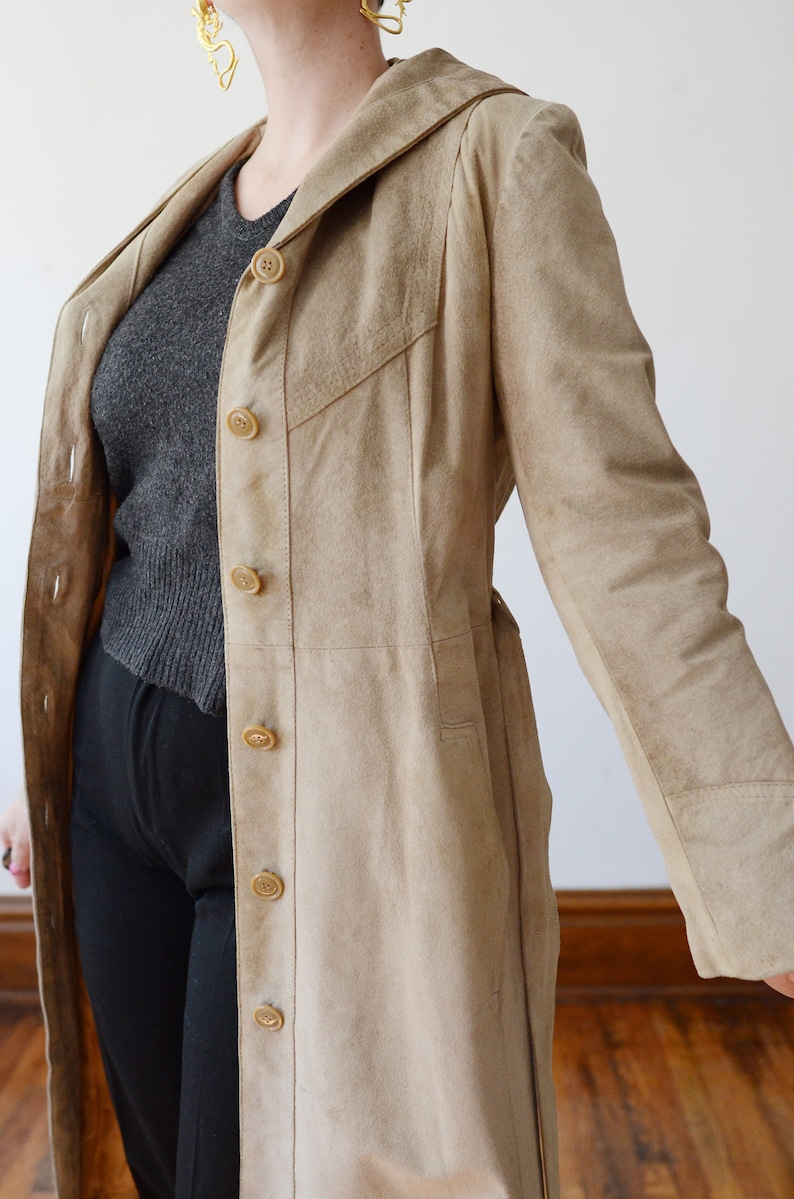 XSS 1970s Tan Leather Hooded Trench Coat