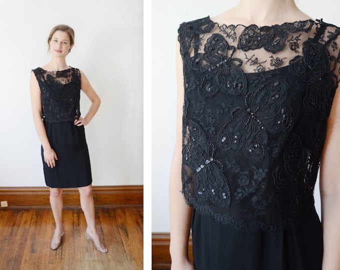1960s Black Cocktail Dress with Butterfly Lace Top - XS