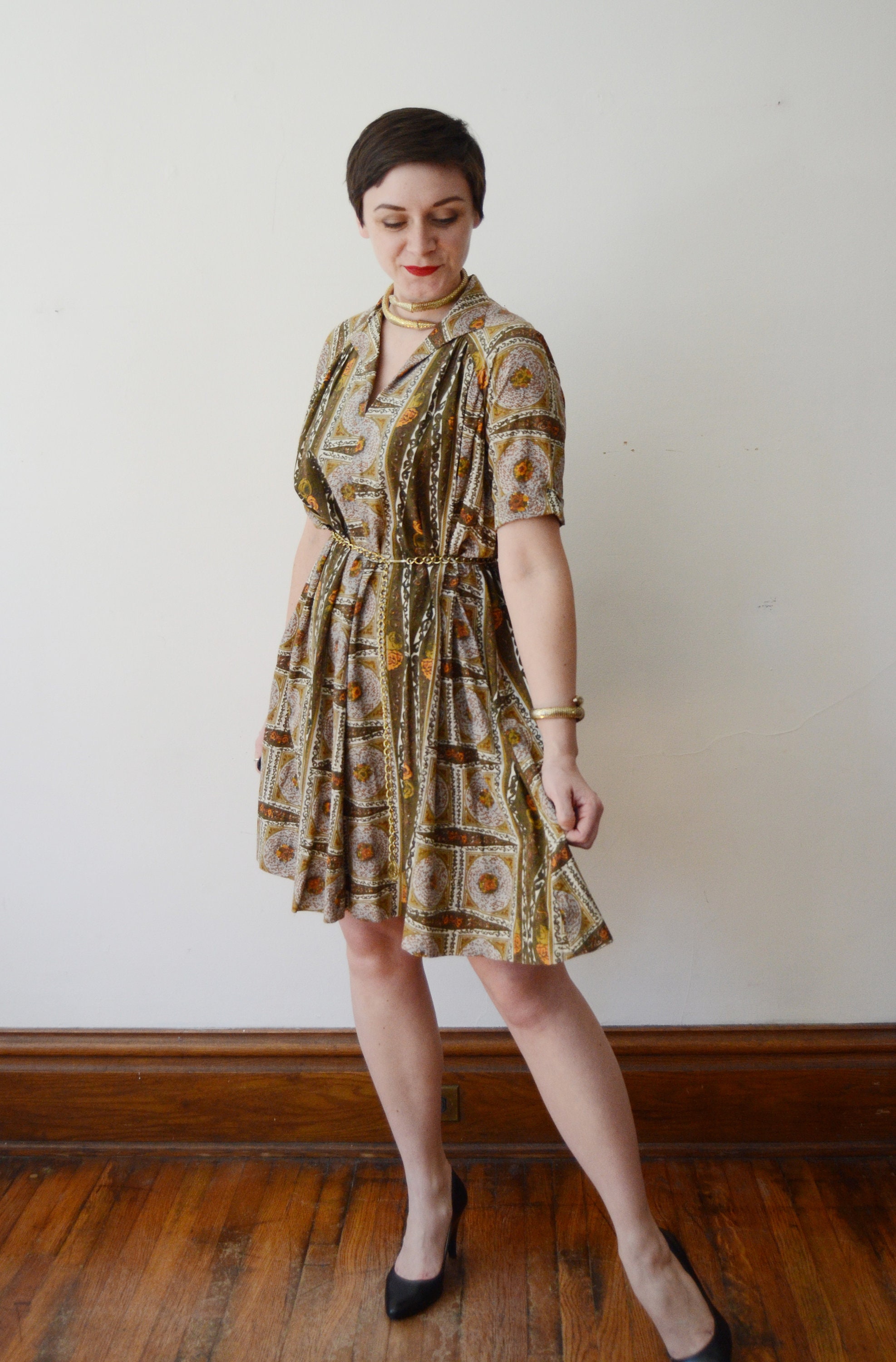 1960s Olive Green Floral Tent Dress - M