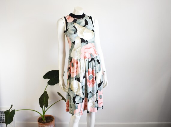 1980s Floral Jersey Dress - XS/S/M