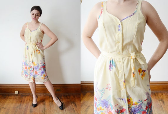 1970s Pale Yellow Floral Sundress - M