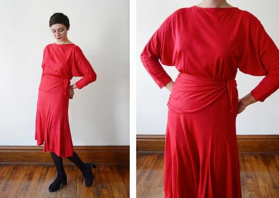 1980s Red Jersey Dress - M