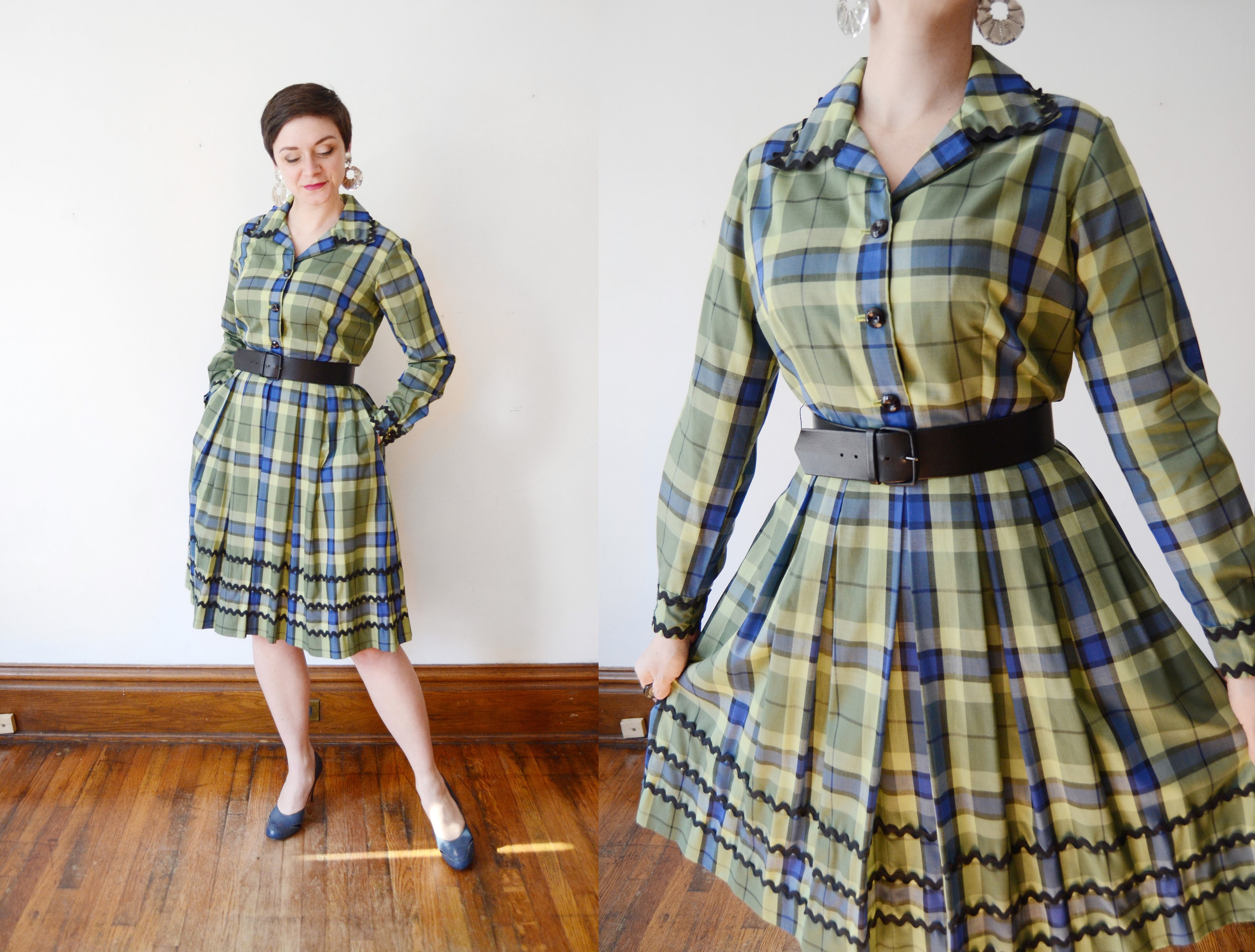 1960s Green Plaid Dress M