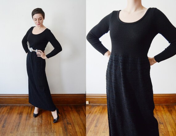 60s/70s Black Sweater Maxi Dress - M