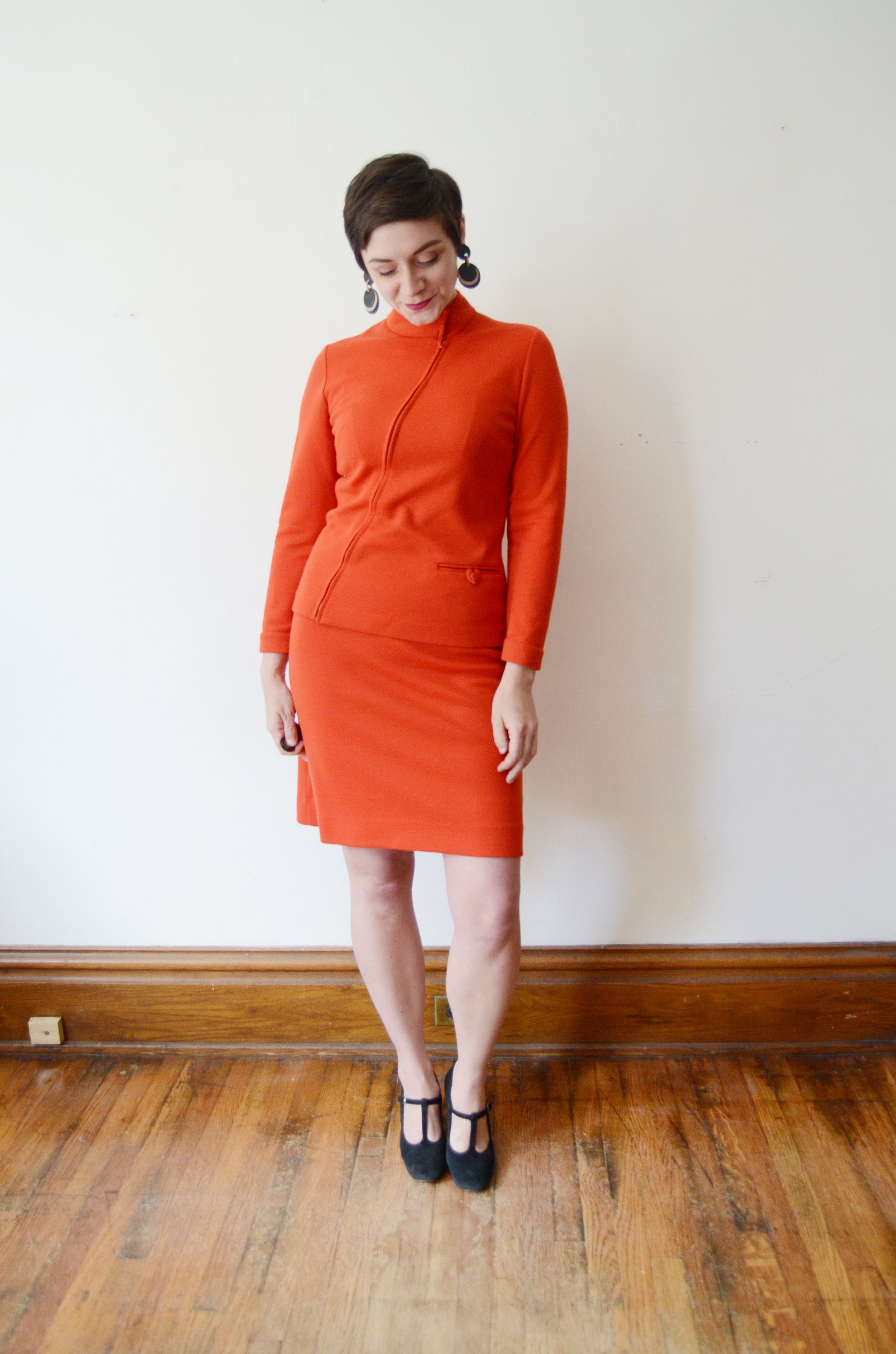 1960s Orange Knit Skirt Suit S