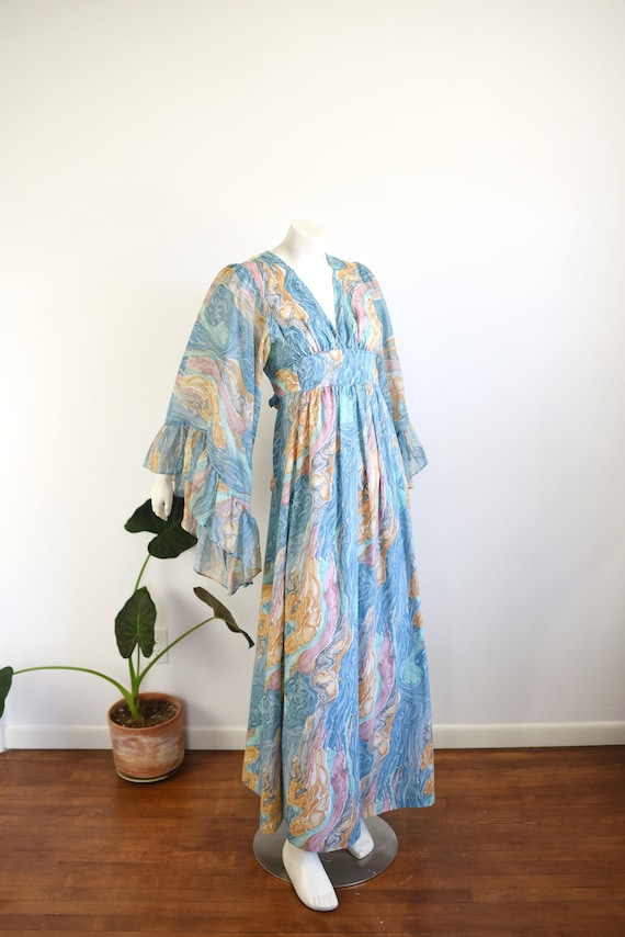 1970s Marble Print Angel Sleeve Dress - XS/S