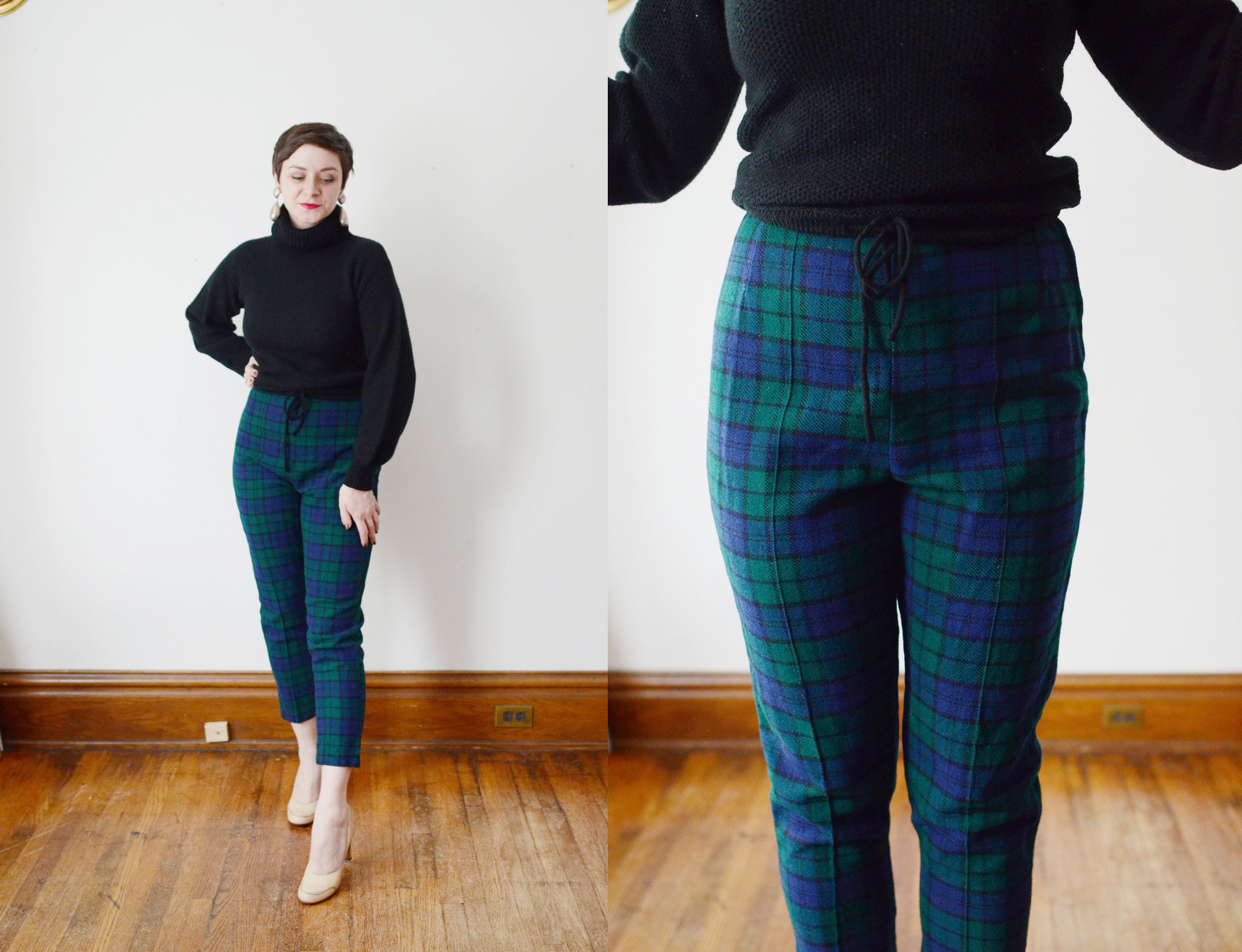 1960s Green and Blue Plaid Pants - M