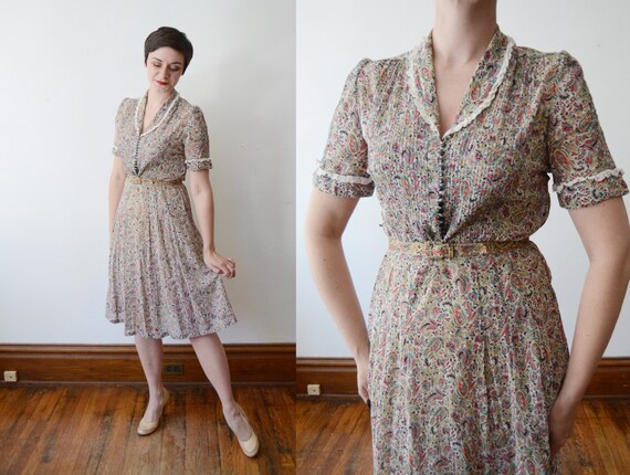 1940s Sheer Paisley Puff Sleeve Dress - S/M