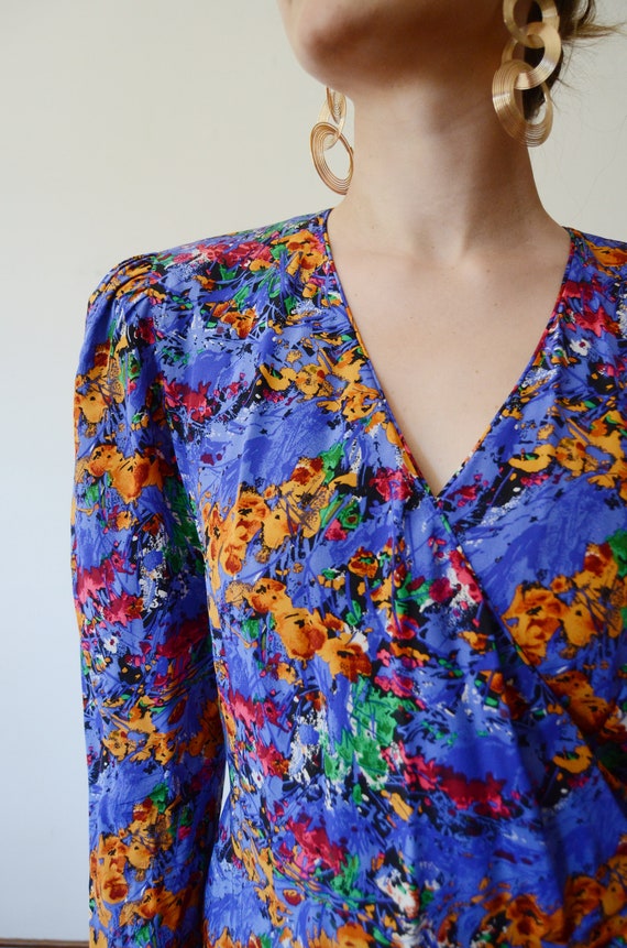 1980s Floral Print Silk Wrap Dress - M - image 8