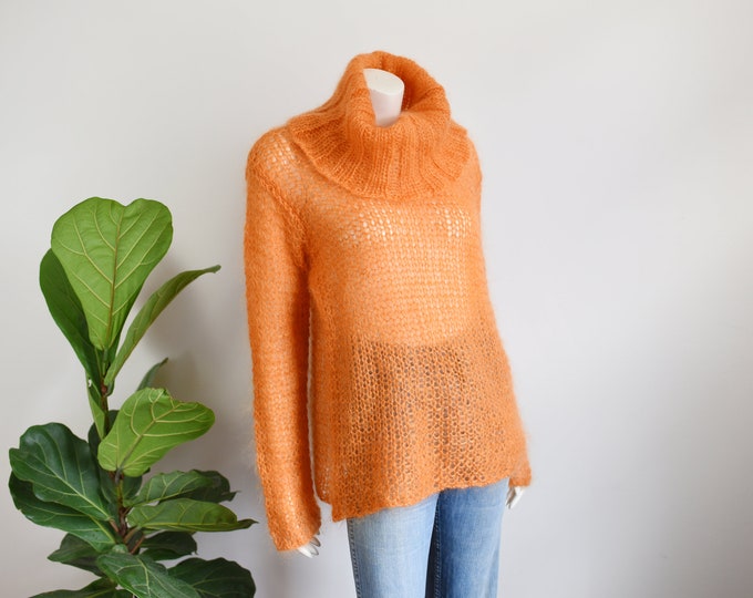 90s Loose Knit Mohair Orange Turtleneck - M/L