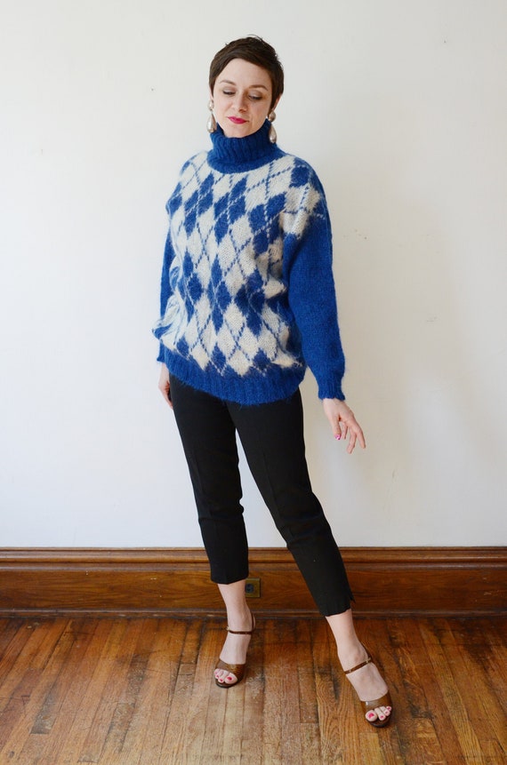 1980s Mohair Blue Argyle Sweater - L/XL - image 6