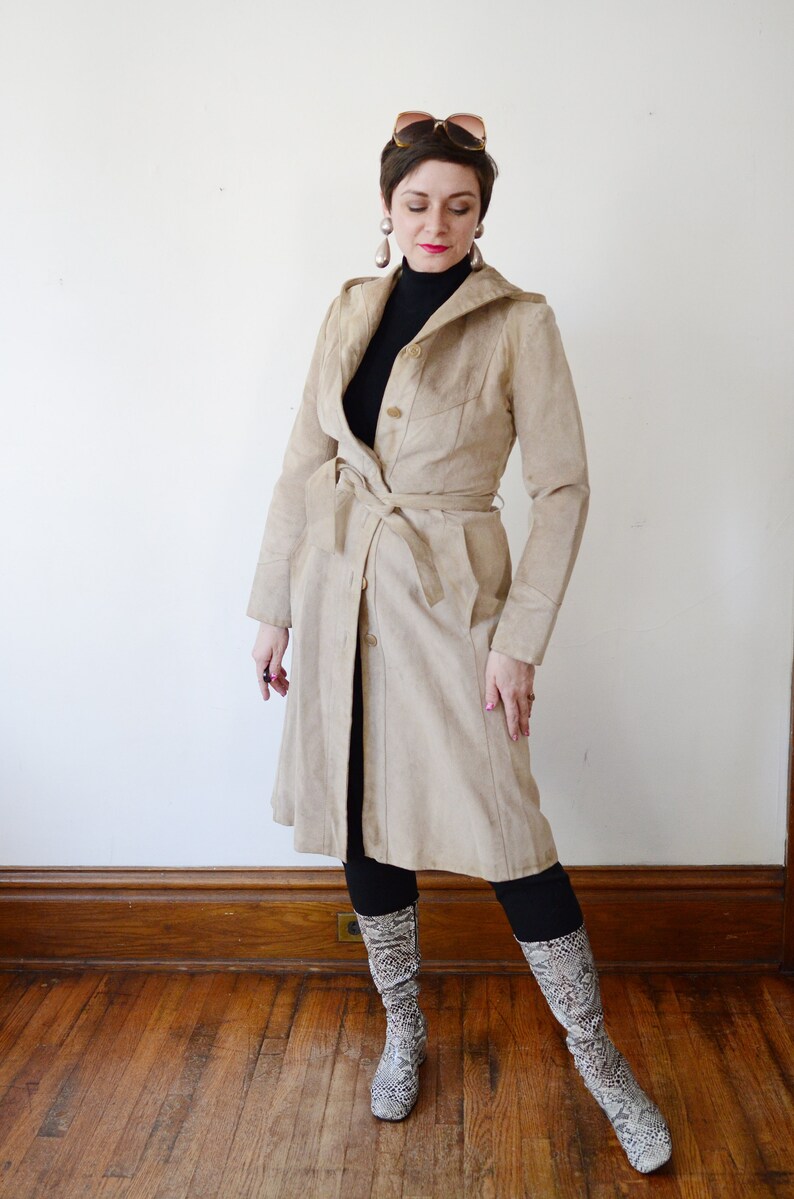 XSS 1970s Tan Leather Hooded Trench Coat