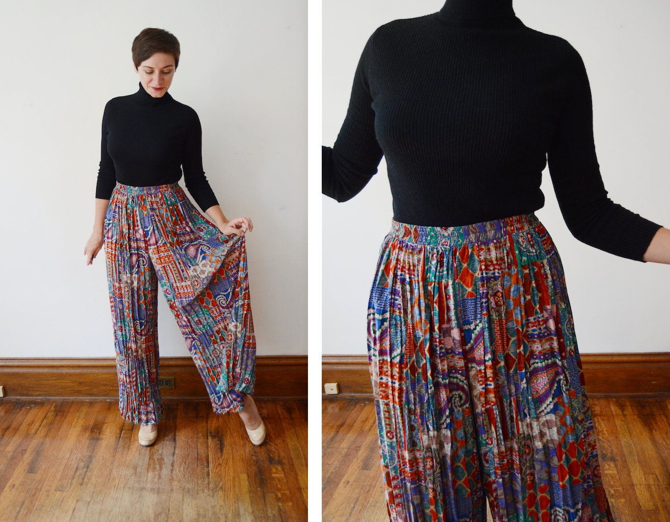 1980s Wide Leg Patterned Pants - M/L