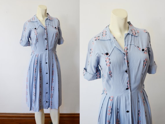 1950s Rayon Blue Shirtdress - XS