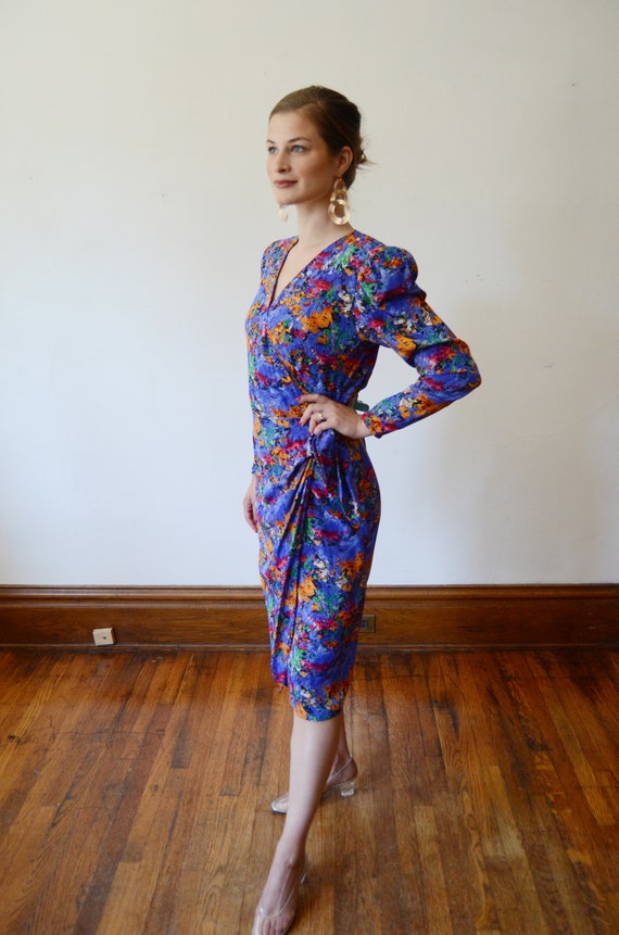 1980s Floral Print Silk Wrap Dress - M - image 7