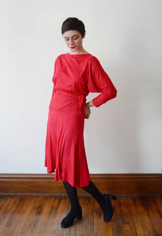 1980s Red Jersey Dress - M - image 9