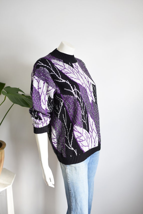 1980s Purple Leaf Print Sweater - M - image 8