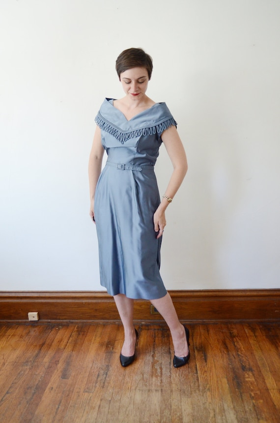 1950s Powder Blue Formal Dress with Train - M