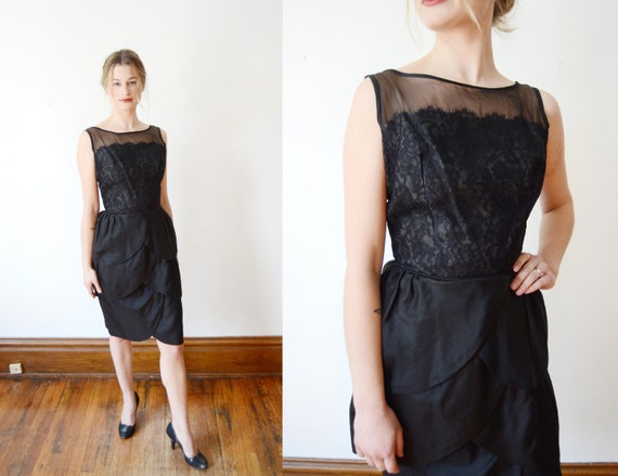 1950s Black Organdy Petal Cocktail Dress - XS