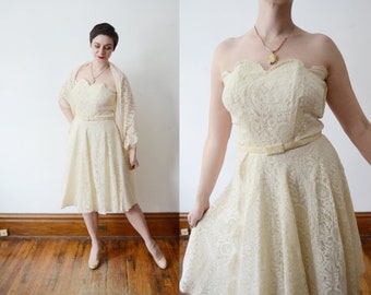 Frank Starr 1950s Cream Lace Strapless Dress - M