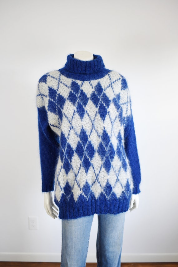 1980s Mohair Blue Argyle Sweater - L/XL - image 5
